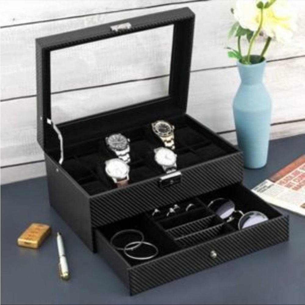 NEW Black Watch Box Jewelry Display Case Organizer